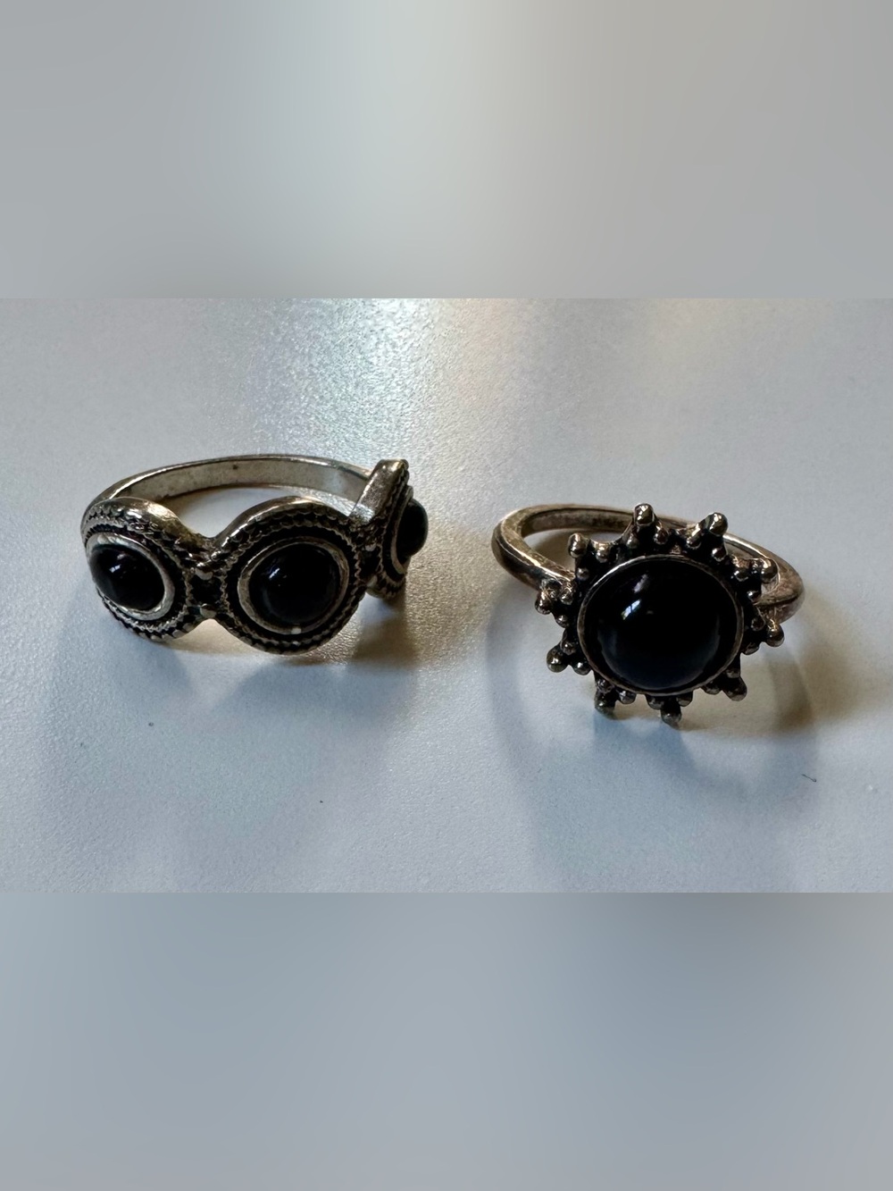 Sterling-Style Black Stone Sunburst and Double Oval Rings - Set of 2